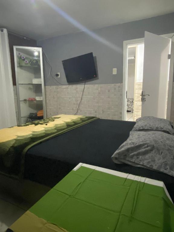 a bedroom with a bed and a flat screen tv at Tia Moni - diárias individuais in Blumenau