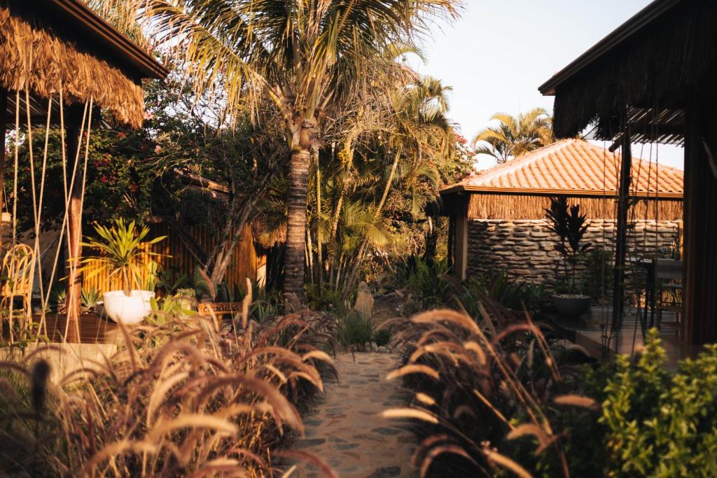 een tuin met een palmboom en een gebouw bij Vila Cerrado in Alto Paraíso de Goiás