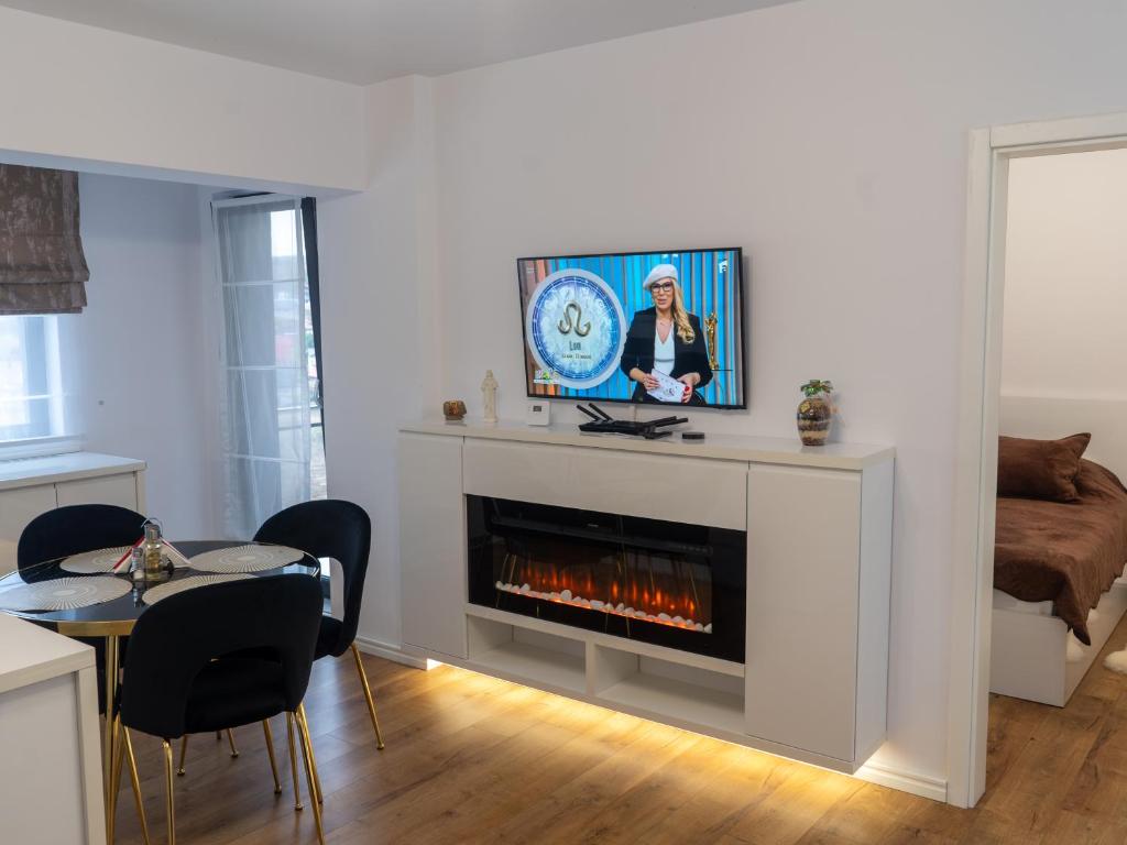 a living room with a fireplace with a tv on top at Casa Boes 41 in Vişan