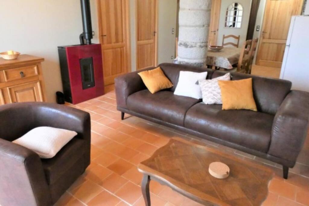 un salon avec un canapé en cuir et une table dans l'établissement La Maison des Eyres - Gîte Le Fadet, à Pey