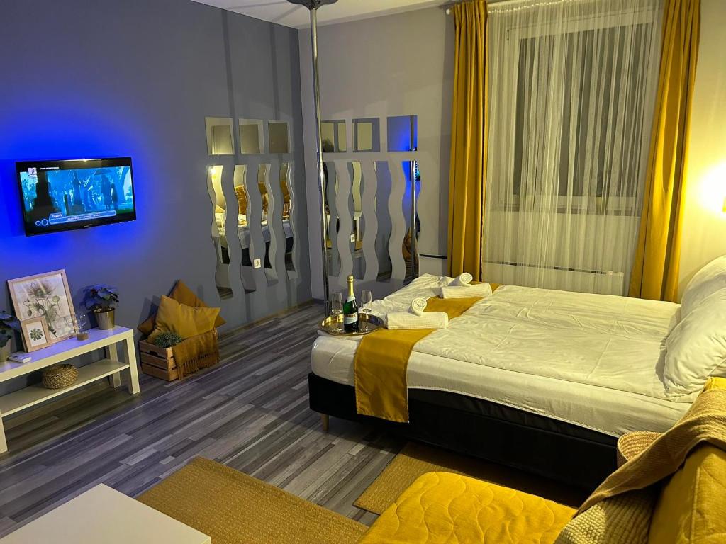 1 dormitorio con 1 cama y TV. en 7 days Apartment, en Makó