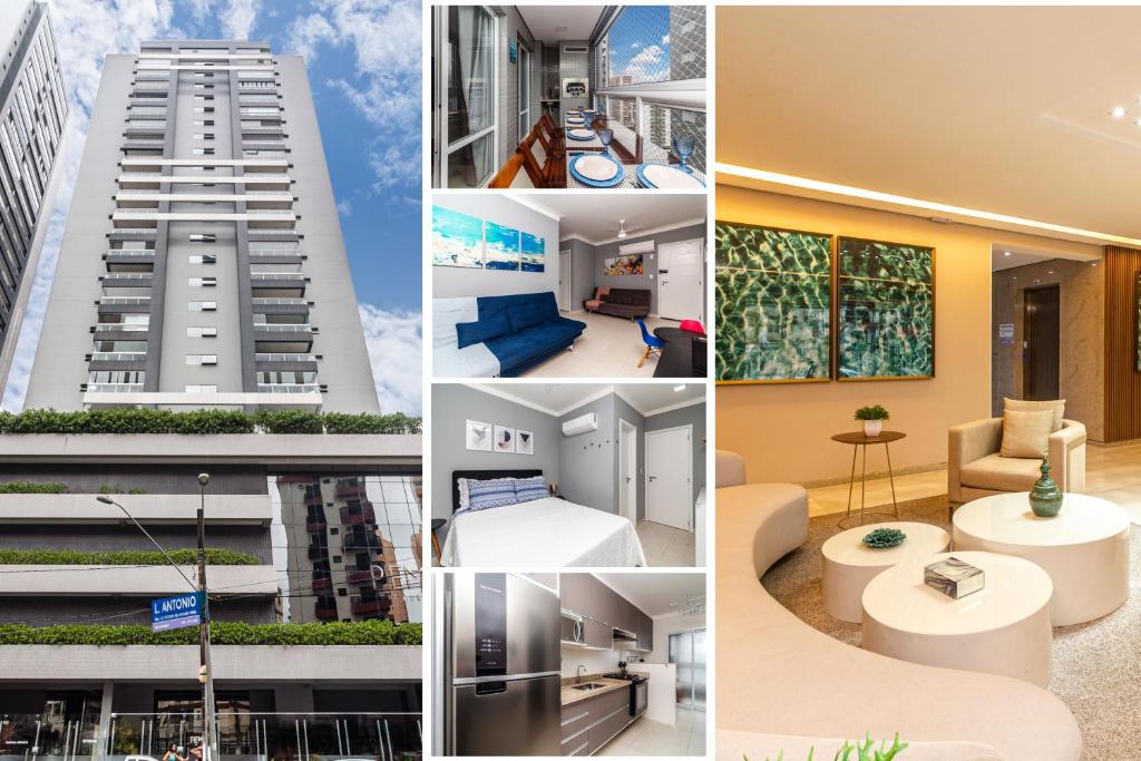 un collage de photos d'un bâtiment dans l'établissement Piemax Praia Grande - 100m PRAIA do BOQUEIRÃO e CENTRO - Vista MAR - Varanda GOURMET com CHURRASQUEIRA privativa - AR CONDICIONADO em todos os ambientes - Wi-Fi 600 Mbps - HOME OFFICE- Vaga de Garagem - Acomoda até 6 pessoas, à Praia Grande