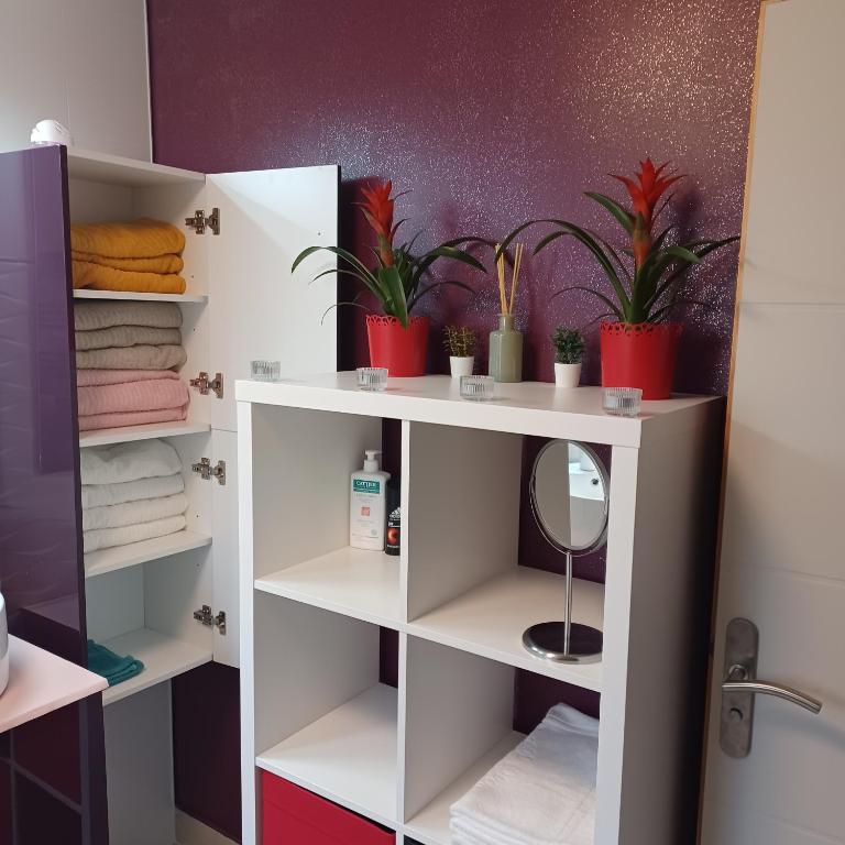 a bathroom with white shelves with plants and towels at Maison calme&#47;Chambre privée&#47;Clim+TV&#47;Pétit dejeuner inclu&#47;tout confort in Nevers