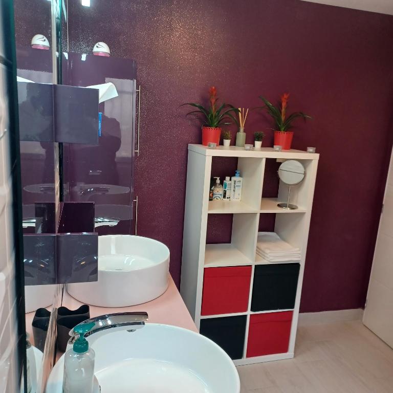 a bathroom with a sink and a mirror at Maison calme&#47;Chambre privée&#47;Clim+TV&#47;Pétit dejeuner inclu&#47;tout confort in Nevers