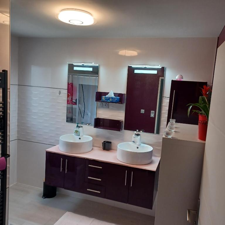 a bathroom with two sinks and a large mirror at Maison calme&#47;Chambre privée&#47;Clim+TV&#47;Pétit dejeuner inclu&#47;tout confort in Nevers