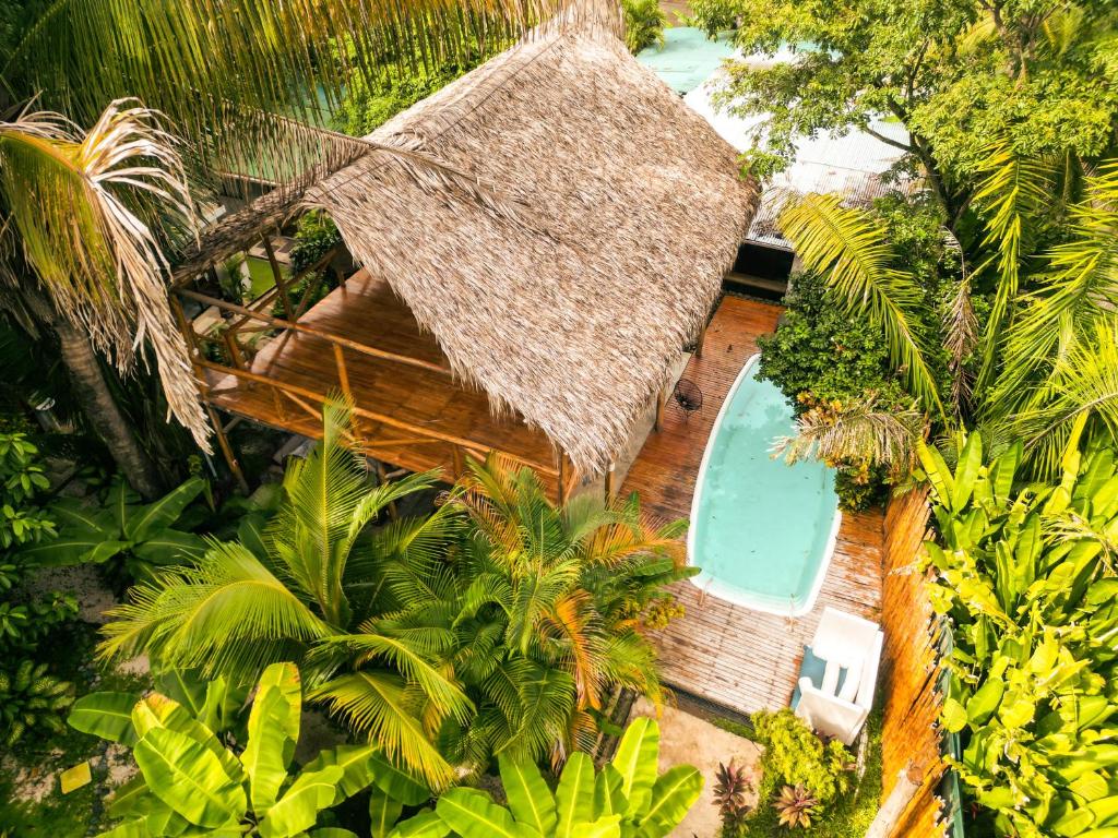 una vista aérea de una cabaña con piscina en Cabinas Playa Surf Hostel en Santa Teresa