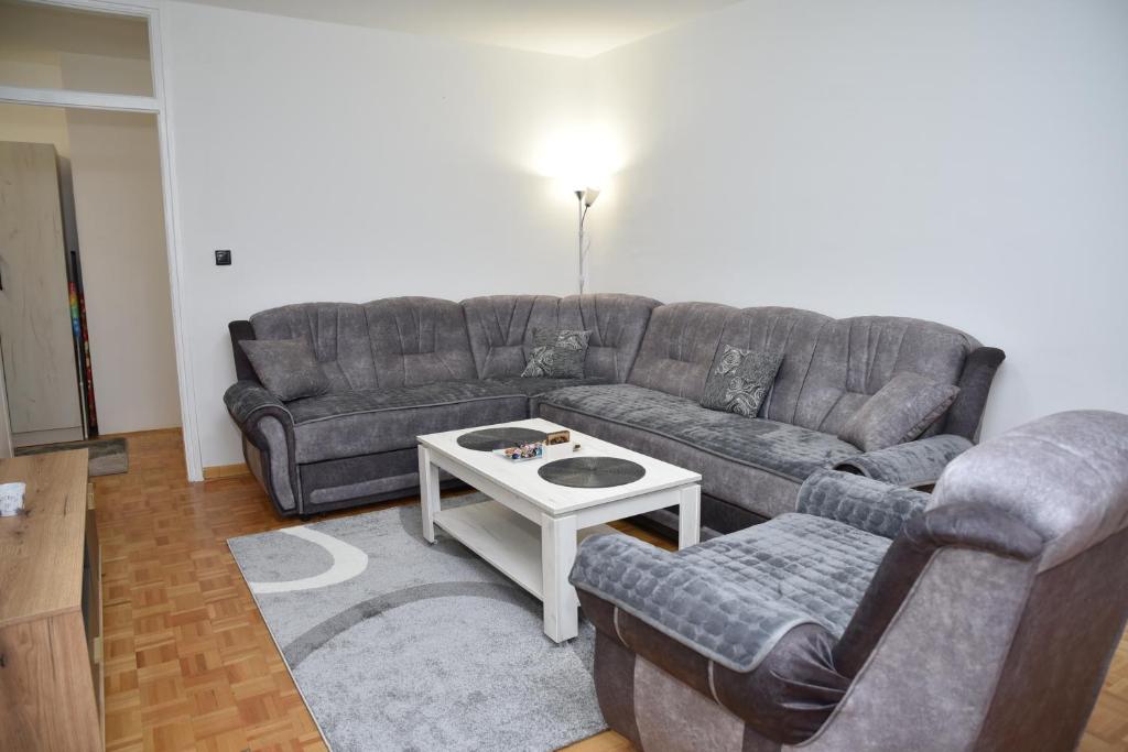 uma sala de estar com um sofá e uma mesa em ENA apartman em Kraljevo