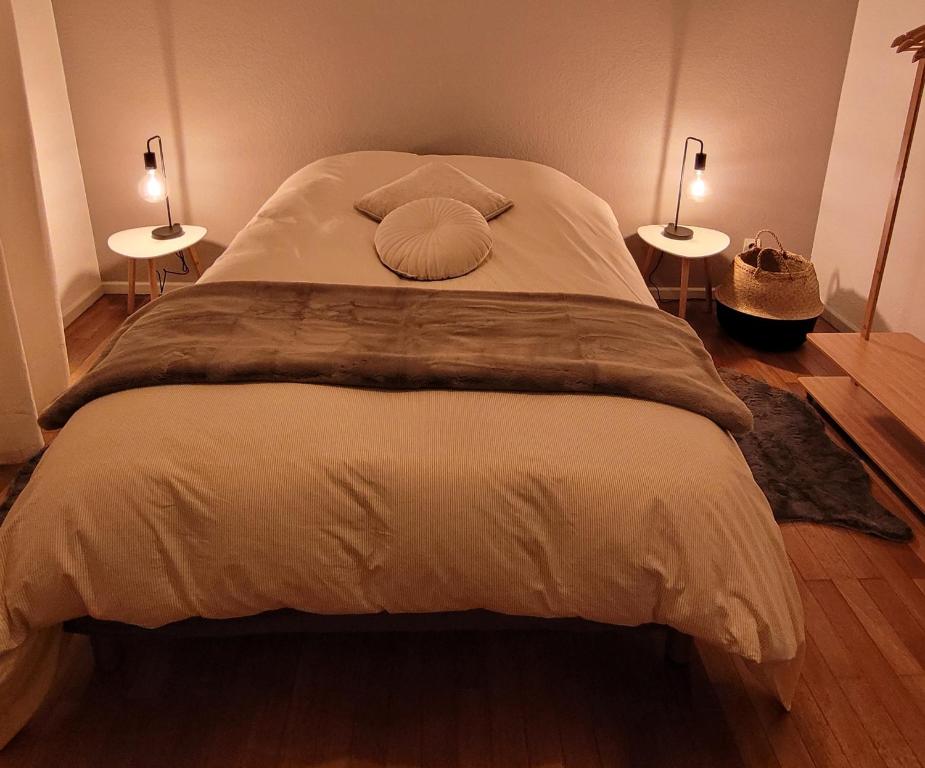 une chambre avec un grand lit avec deux lampes dans l'établissement 2p lumineux au Cœur de Strasbourg, à Strasbourg