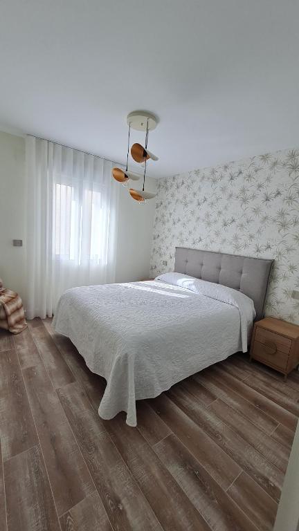 ein Schlafzimmer mit einem großen Bett und Holzboden in der Unterkunft La Avenida in Burgos