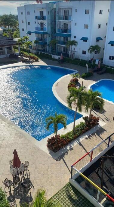 a large swimming pool with palm trees and a building at L & M apartment in Santiago de los Caballeros