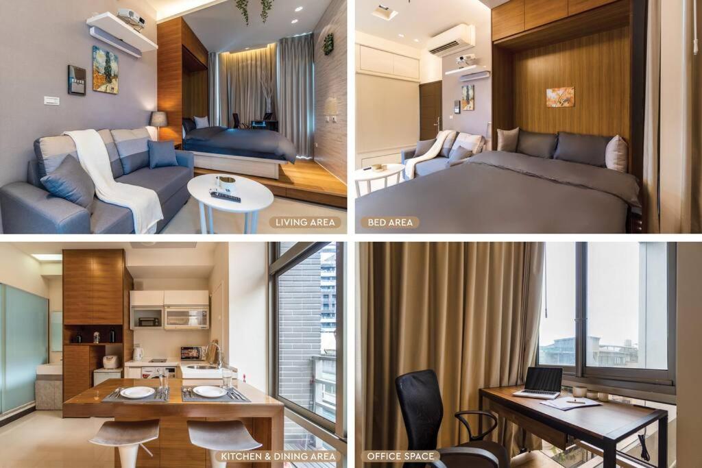 un collage de tres fotos de una habitación de hotel en 1B1b Cinema, Kitchen, Bathtub, Desk, 1.5min to MRT • 1房1衛 家庭戲院、廚房、浴缸、書桌，1.5分到市府捷運, en Taipéi