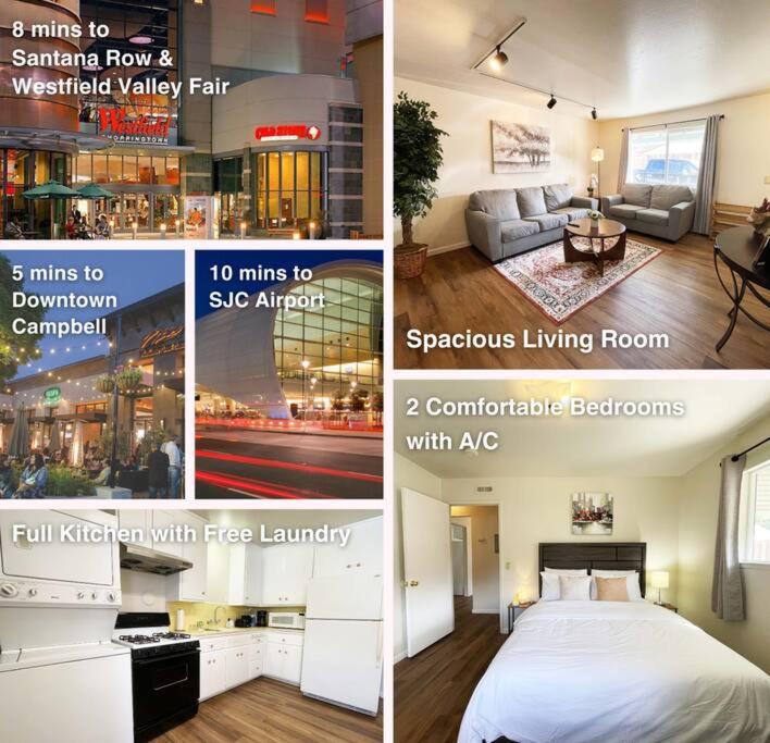 un collage de cuatro fotos de un dormitorio y una sala de estar en 434-Campbell Cozy & Bright 2B/1b /AC/close to Downtown, en Campbell