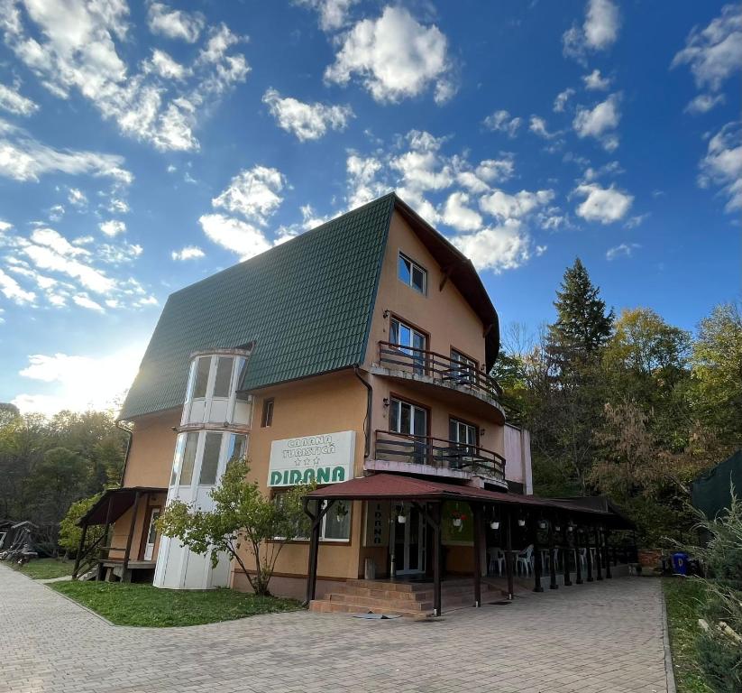 a building with a green roof on a street at Cabana Didana in Moneasa