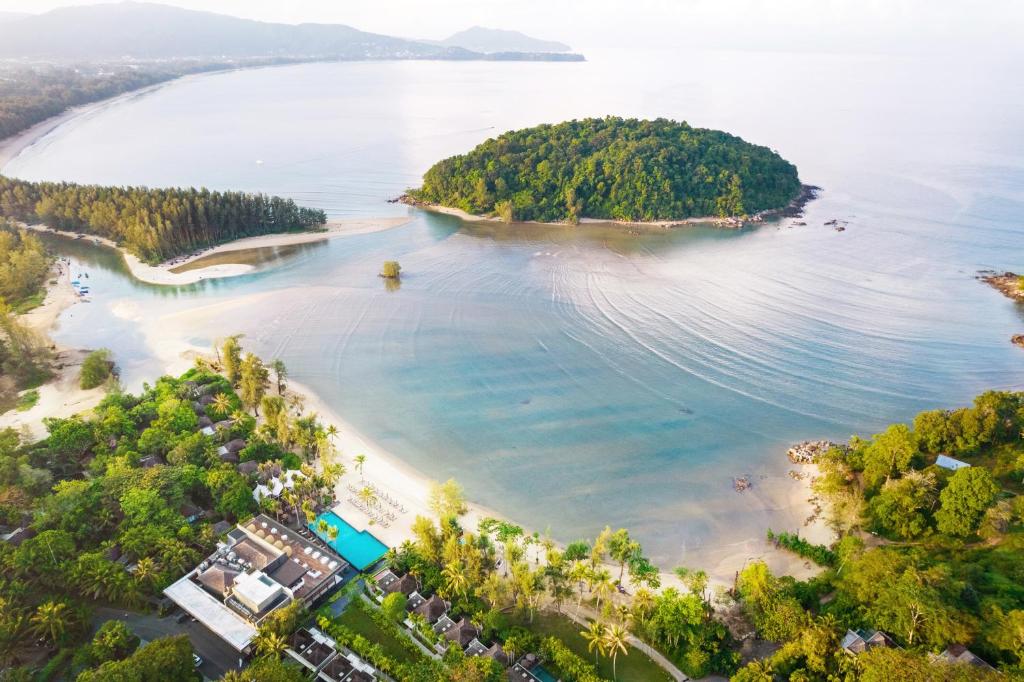 an aerial view of an island in a body of water at Anantara Layan Phuket Resort in Layan Beach