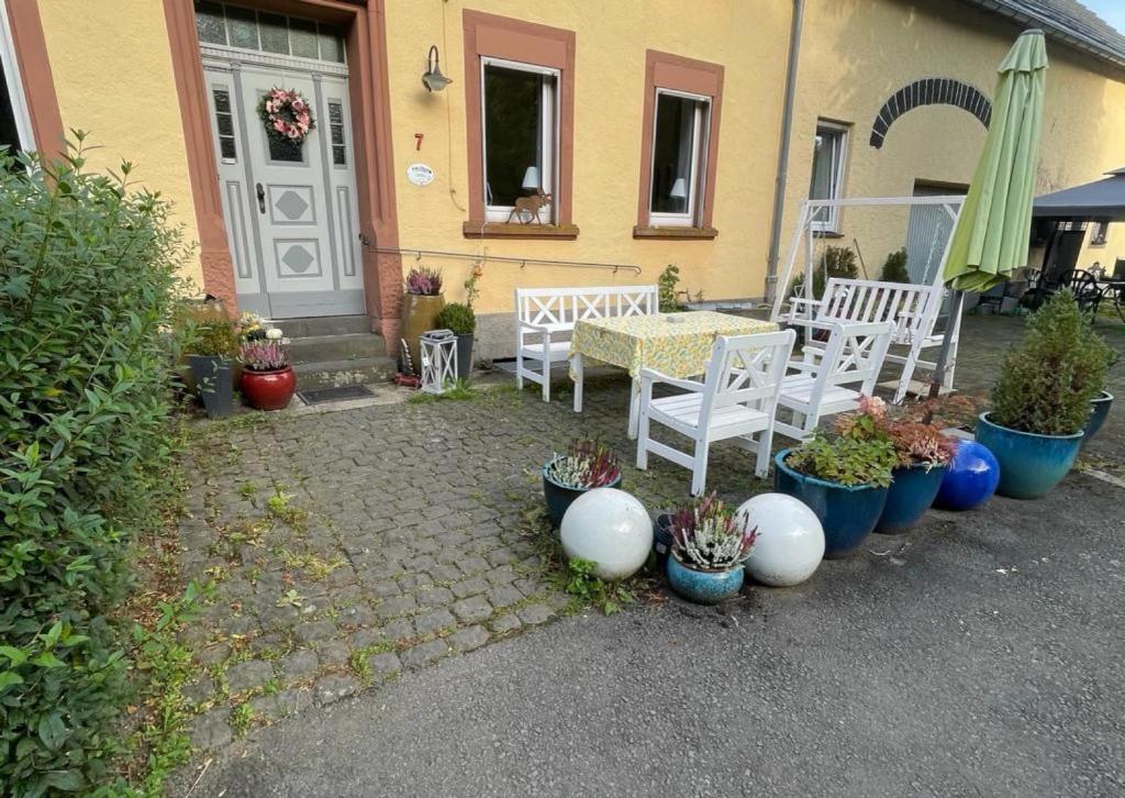 patio ze stołem, krzesłami i doniczkami w obiekcie Steinhagen w mieście Daun