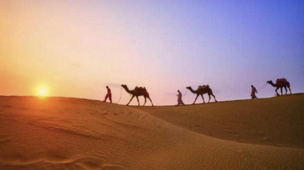 un grupo de personas montando camellos en el desierto en MUSHA PRIVET DESERT HOME STAY, en Sām