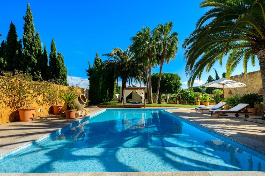 a swimming pool in a yard with palm trees at Villa Can Raco Ibiza in Sant Rafael de Sa Creu