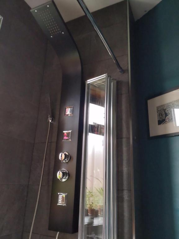 uma casa de banho com um chuveiro e um espelho. em Large double room em Glasgow