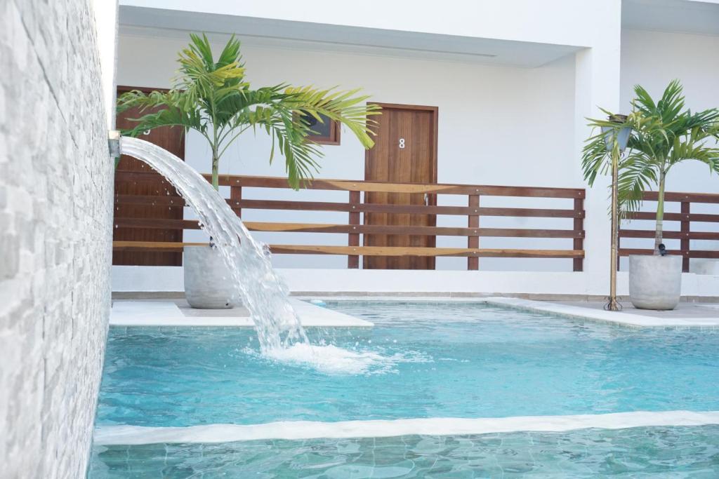 a water fountain in a pool with palm trees at Pousada Brisas da Natureza in Satuba