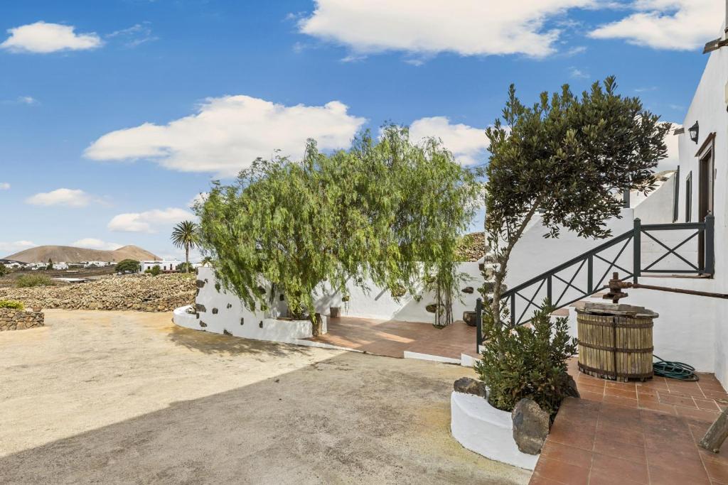 ein weißes Haus mit Bäumen im Innenhof in der Unterkunft Casa El Burro in La Vegueta