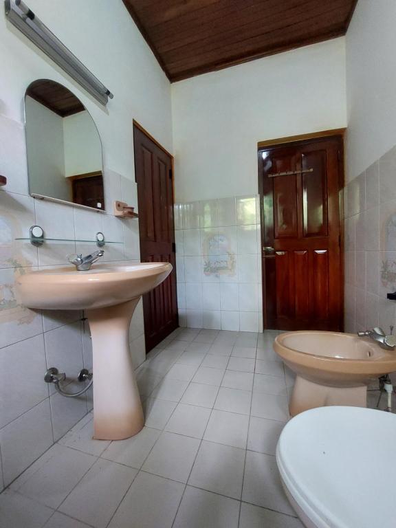 a bathroom with a sink and a toilet and a mirror at Mystique Hideout in Kandy