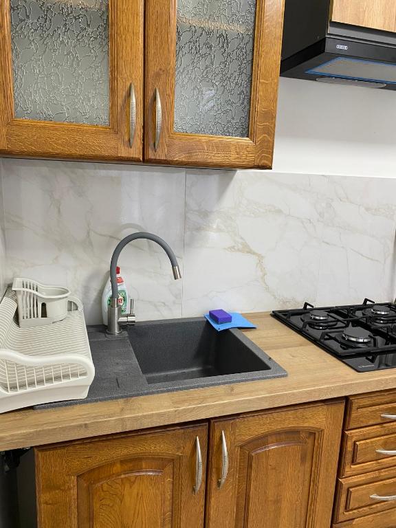 a kitchen counter with a sink and a stove at Guest house Shulc in Mizhhirya