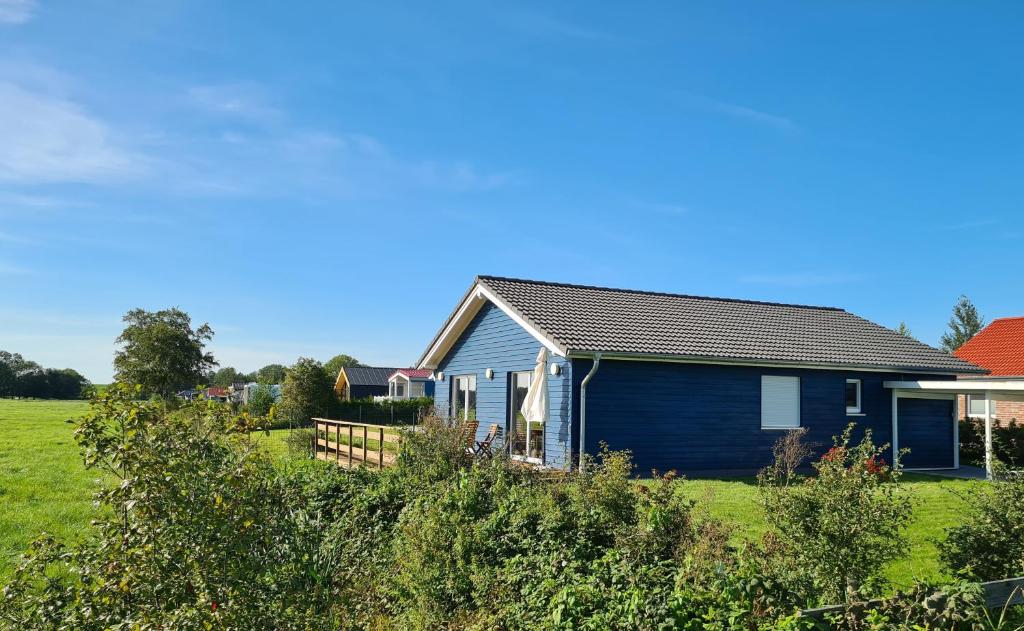 a blue house in the middle of a field at Haus Freija in Sehestedt