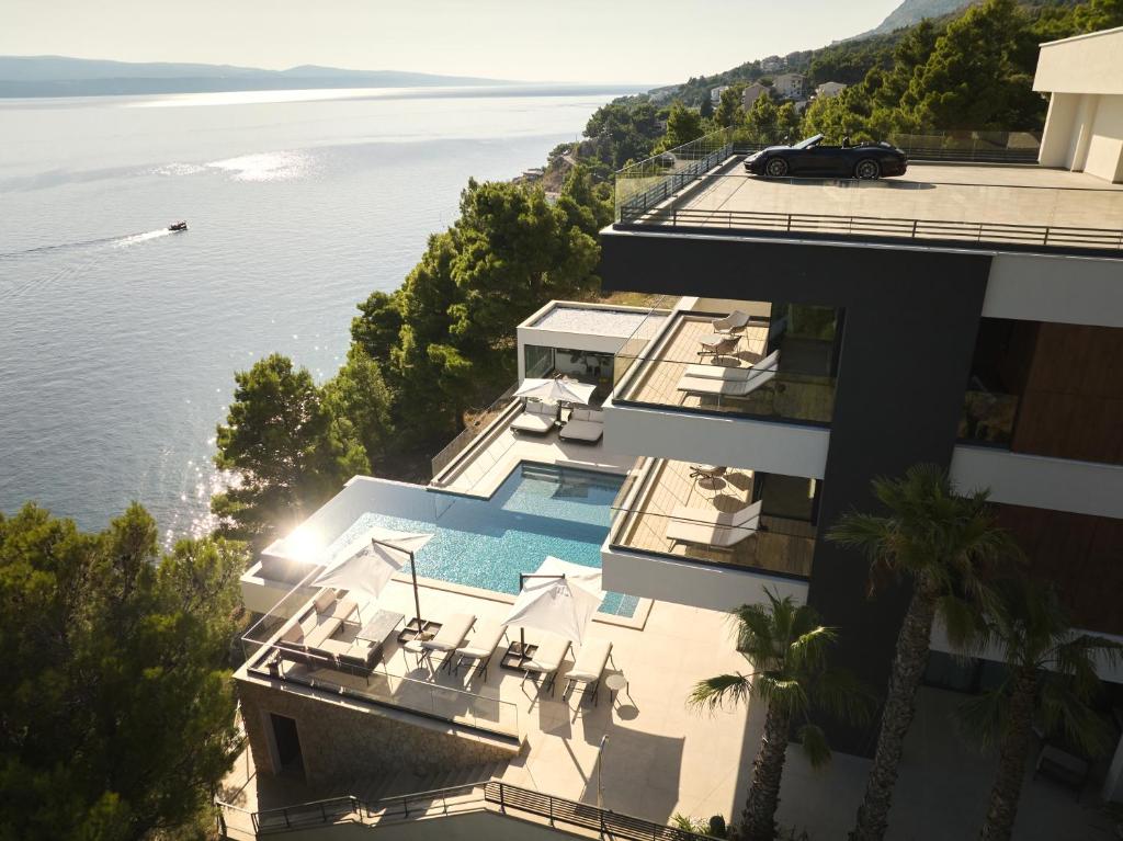 an aerial view of a building with a view of the water at Villa Mirabel in Mimice