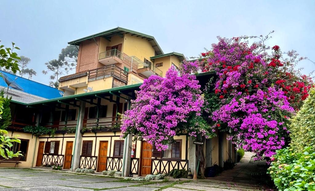 un bâtiment avec des fleurs violettes sur son côté dans l'établissement Pousada Alpes da Serra Campos do Jordão, à Campos do Jordão