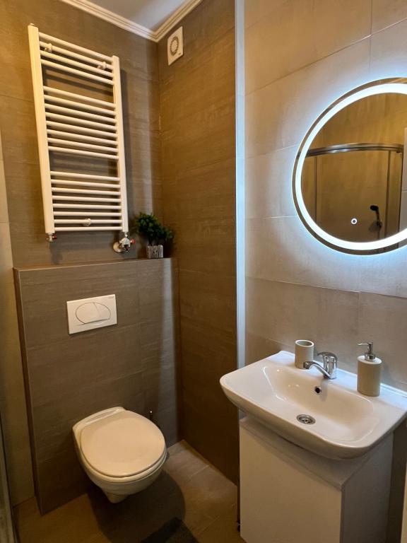 a bathroom with a sink and a toilet and a mirror at Apartment Romano Banja Luka in Banja Luka