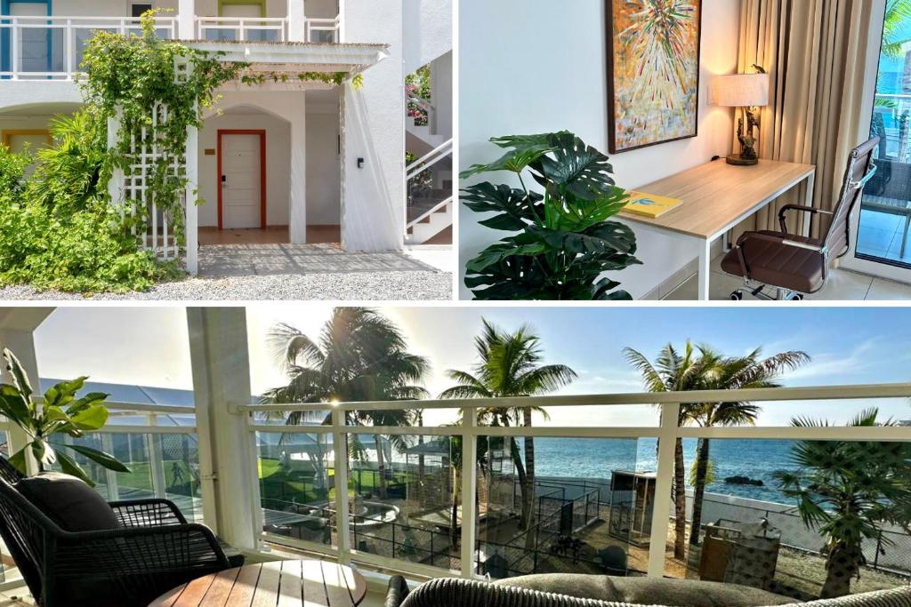 uma colagem de fotos de uma casa com vista para o oceano em Maho Beach Escape Luxe Studio Condo next to The Morgan Village em Maho Reef