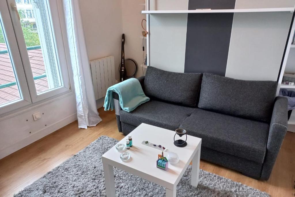 ein Wohnzimmer mit einem Sofa und einem Tisch in der Unterkunft Cozy studio ideal for a romantic holiday in Montreuil