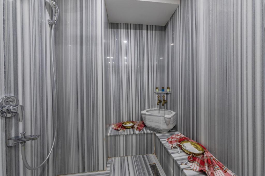 y baño con ducha y aseo. en Ayramin Hotel Taksim, en Estambul