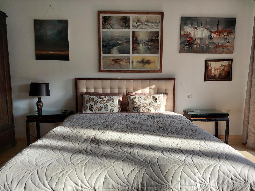 a bedroom with a large bed with two tables at Quiet place in Kaunas