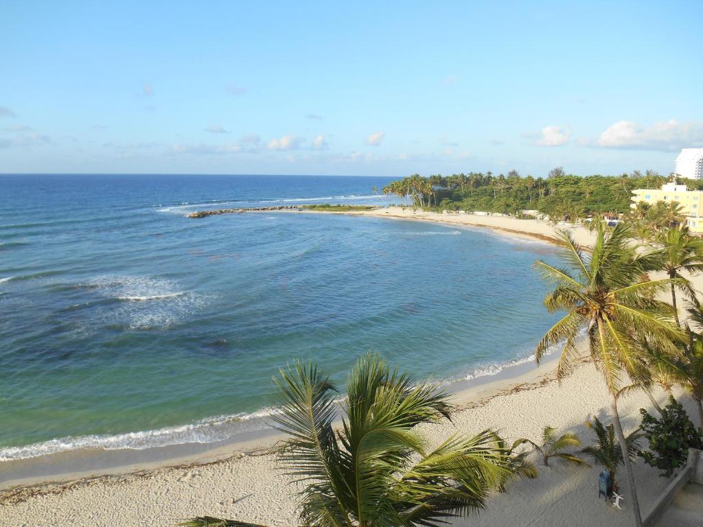 uma vista para uma praia com palmeiras e para o oceano em Lucy Rooms em Juan Dolio