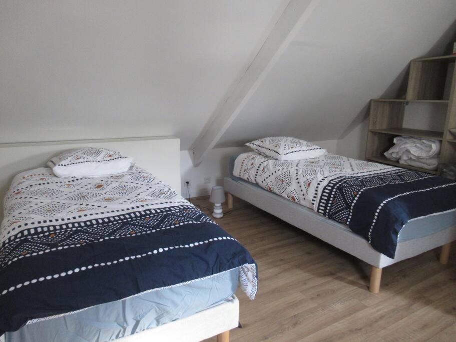 a bedroom with two beds in a attic at Ti an traõn le petit gîte en cœur de Bretagne in Carhaix-Plouguer