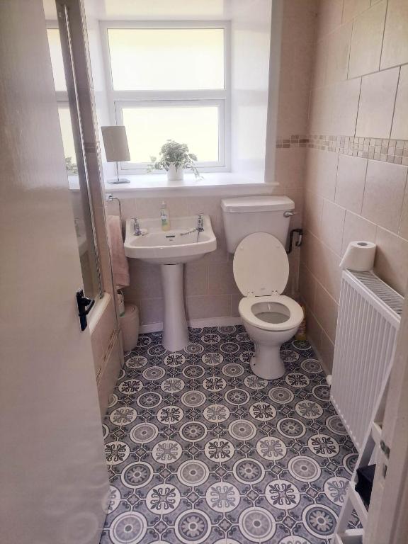 a bathroom with a toilet and a sink and a window at Cliff Cottage in Valtos