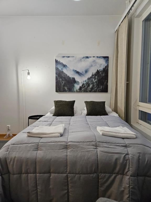 ロヴァニエミにあるArctic Studioのベッドルームに大型ベッド1台(枕2つ付)