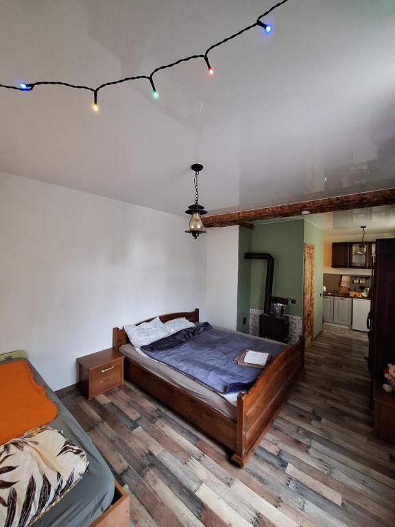een slaapkamer met een bed en een houten vloer bij Dante? No, it's Dunte! in Rīga
