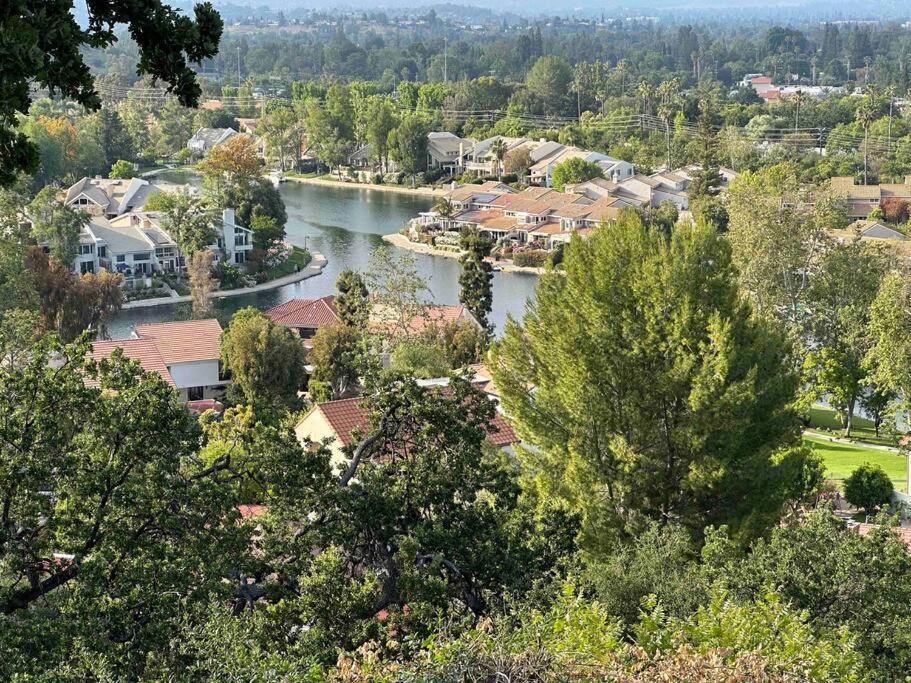 a view of a town with a river and houses at Calabasas Villa Lake View Home in Calabasas