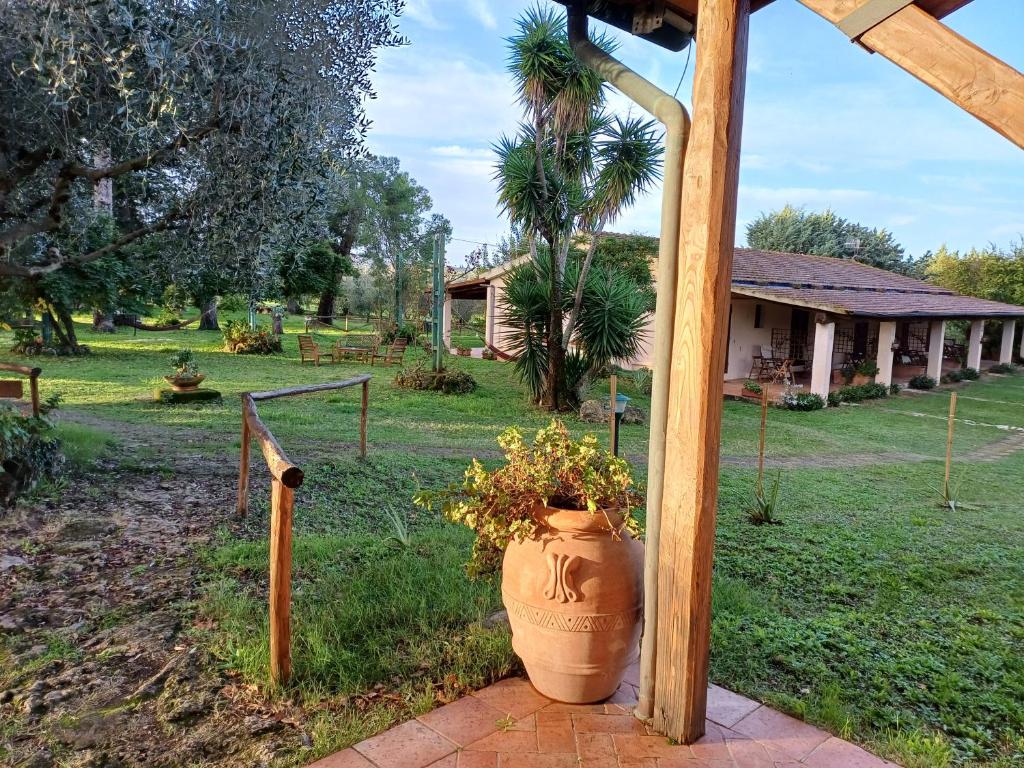 a large flower pot sitting next to a wooden pole at Agriturismo Bio Pian Dei Casali in Saturnia