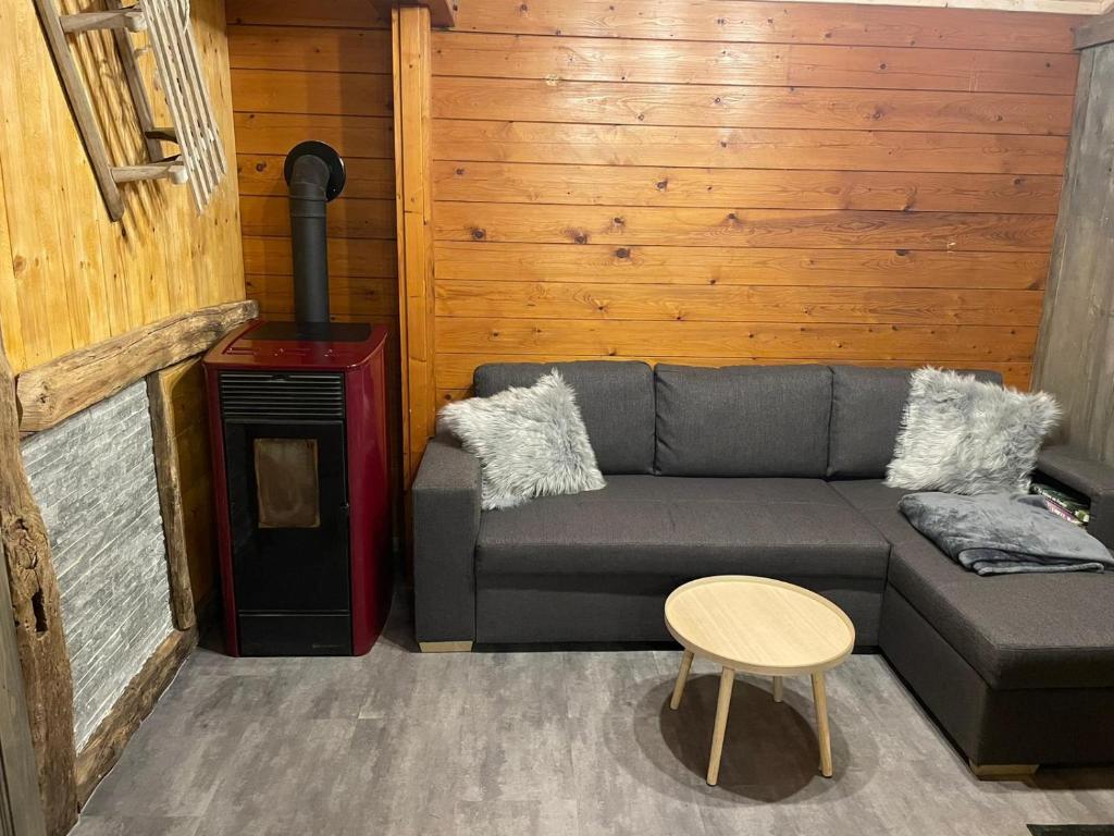 a living room with a couch and a wood stove at Le petit chalet du mouralet in Légna
