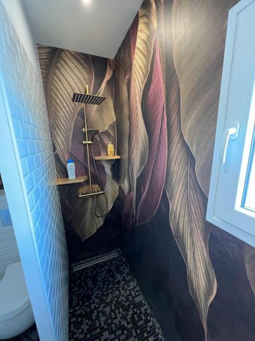 a bathroom with a mural of feathers on the wall at Villa moderne 3 chambres double , proche de la mer, le Micocoulier quartier sainte Marguerite in La Garde