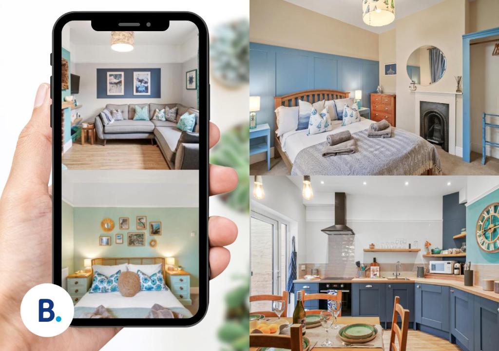 un collage de fotos de un dormitorio y una sala de estar en 3 - Bed Spacious Luxury Townhouse, Great for Contractors & Groups l Sleeps 6 with Free Parking - Blue Puffin Stays en Portsmouth