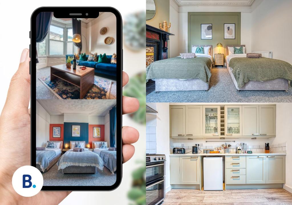 a collage of four pictures of a bedroom and a kitchen at 4 Bed Manor Design House, Modern, Spacious- Pet Friendly! Sleeps 9, Portsmouth - By Blue Puffin Stays in Portsmouth