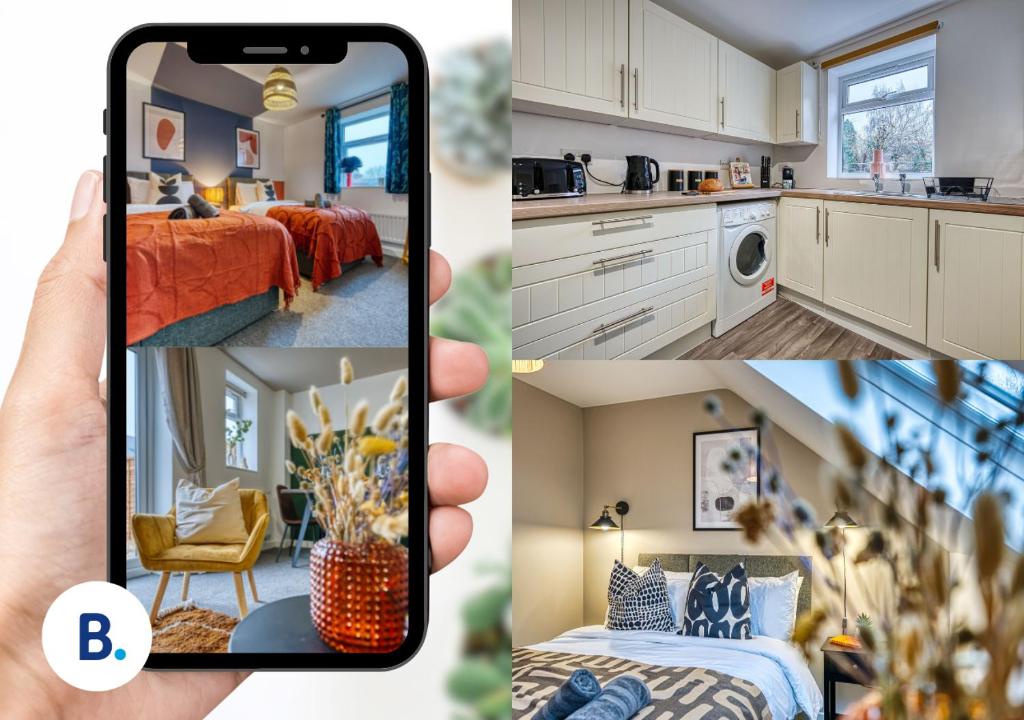 a collage of photos of a kitchen and a room at 4 Bed Design House, 2 Off-road Parking Spaces, Great for Groups - Central Gloucester By Blue Puffin Stays in Gloucester