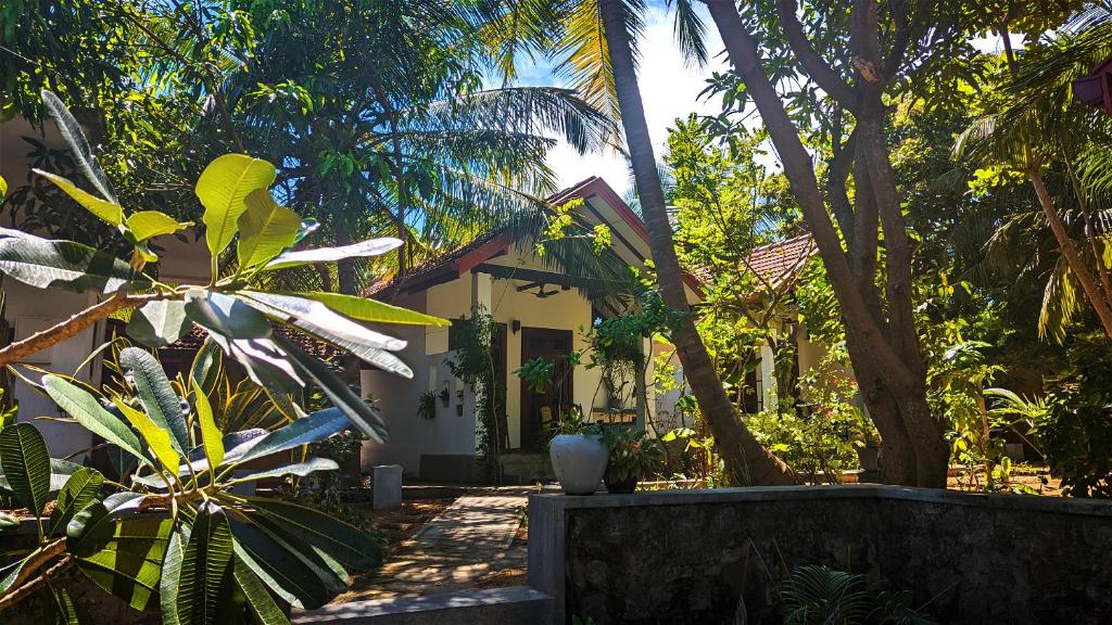 een huis in een tuin met palmbomen bij Hilltop House in Arugam Bay