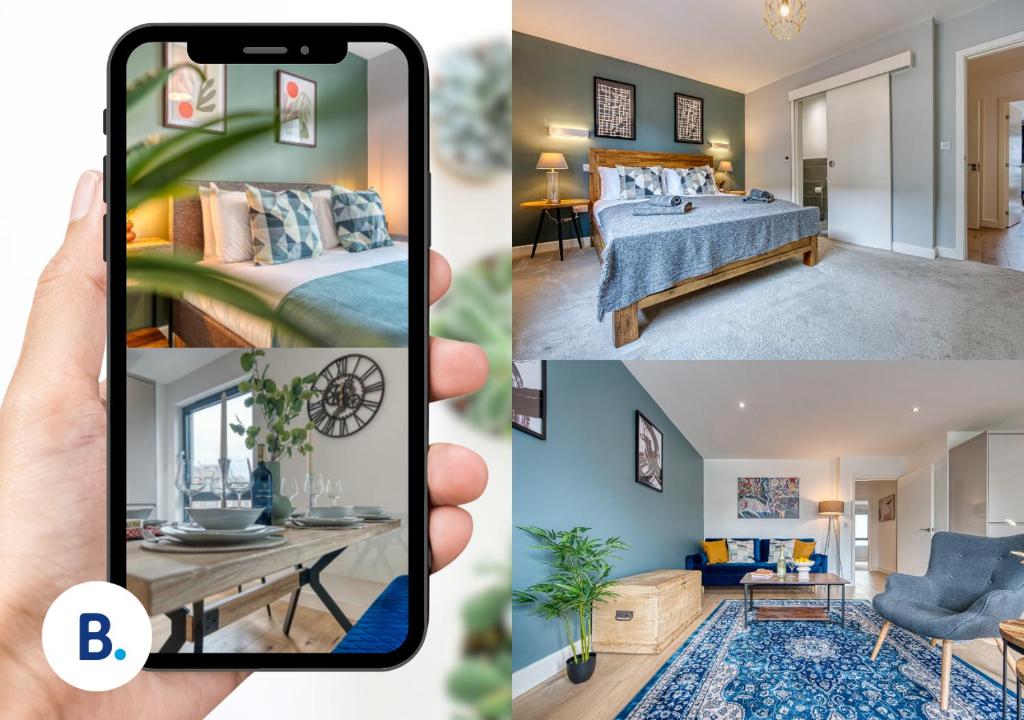 un collage de fotos de un dormitorio y una habitación en Stunning 2-Bed City Apt - Stylish, Modern, Prime Location! Sleeps 6, Southampton Ocean Village - By Blue Puffin Stays, en Southampton