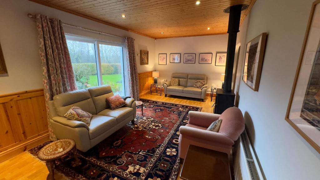 a living room with a couch and chairs and a fireplace at Cosy home in a beautiful valley in Tipperary