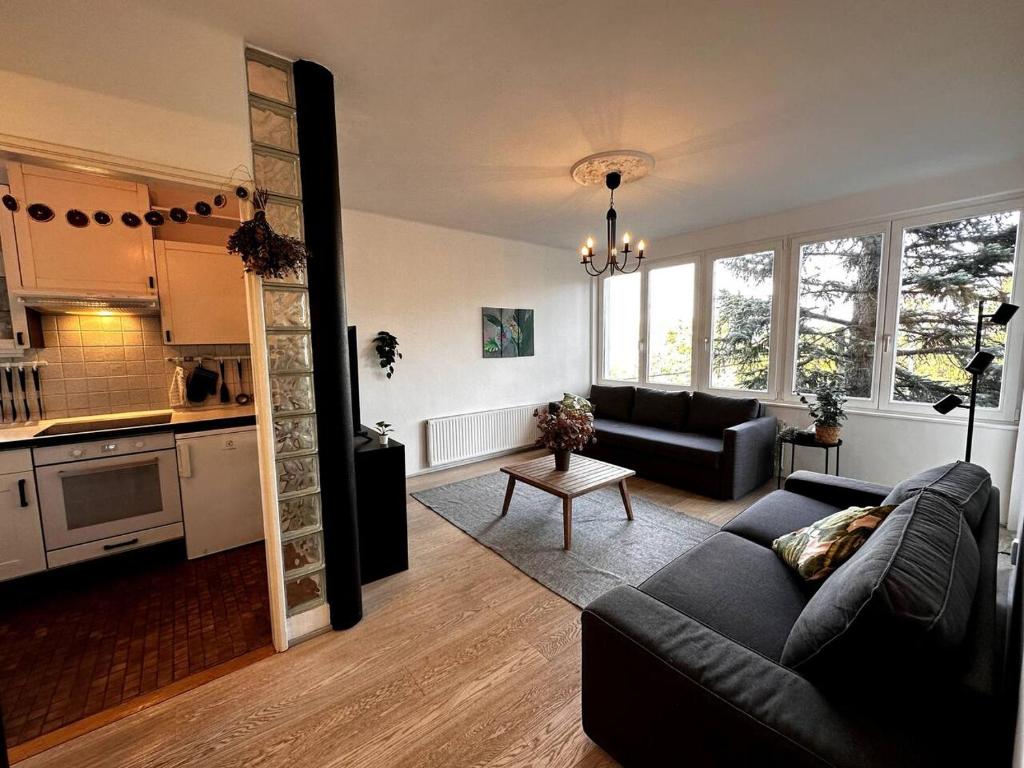 a living room with a couch and a kitchen at Castle View Apartment in Budapest